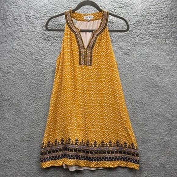 THML Medium Halter Top Yellow Dress Blue Embroidery Lined Casual Vacation Casual - Picture 1 of 9